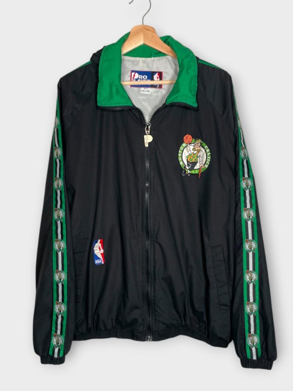 Vtg ProPlayer NBA Celtics Full Zip Windbreaker Jacket Mens LARGE Hidden Hood